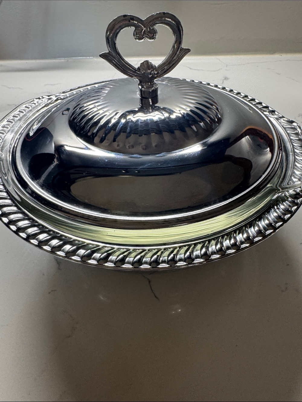 Anchor Hocking Silver-Tone Covered Serving Dish with Heart Handle